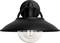 Schwarze Wandlampe mit einem vintage-inspirierten Design. Die Lampe hat einen breiten Schirm und eine Glühbirne, die durch klares Glas sichtbar ist.