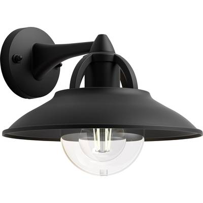 Schwarze Wandleuchte mit gewölbtem Schirm und sichtbarer Glühbirne, geeignet für Außenbereiche, montiert an einer glatten Wandhalterung.