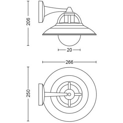 Technische Zeichnung einer Wandlampe mit den Maßen: 266 mm Durchmesser, 250 mm Höhe. Seiten- und Draufsicht sind dargestellt.
