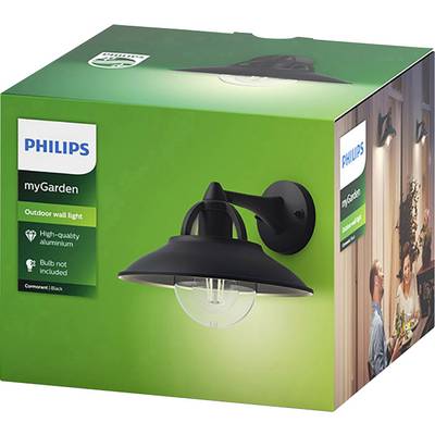 Wandleuchte in schwarzem Design, geeignet für den Außenbereich. Verpackung zeigt Produktbilder und markiert Qualität und Funktion.