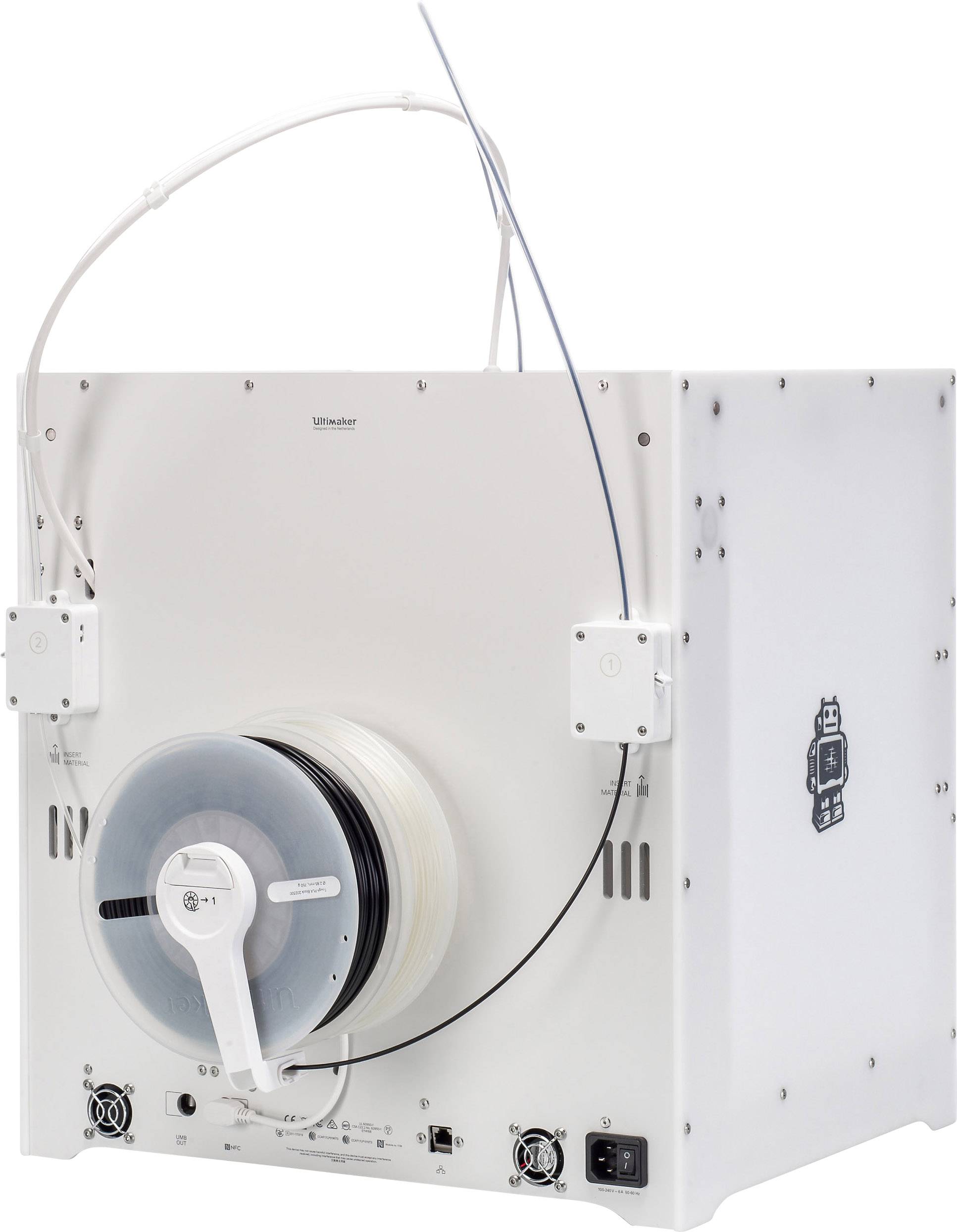 Ein 3D-Drucker mit einer Rolle Filament an der Rückseite. Der Drucker ist rechteckig und in einem hellen Gehäuse untergebracht.