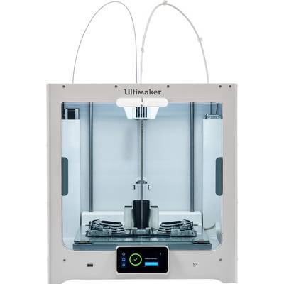 'Ultimaker 3D-Drucker' in Frontalansicht. Zeigt einen modernen, offenen Druckraum mit digitalem Display unten für Bedienung und Statusanzeige.