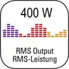 '400 W RMS Output RMS-Leistung' in schwarzem Text, darunter ein Balkendiagramm in lila, rot und orange.