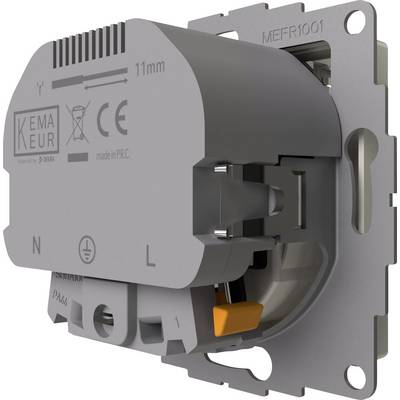 Ein elektrischer Schaltereinsatz in 3D-Ansicht. Markierungen zeigen Zertifikate, Herkunft und technische Spezifikationen.