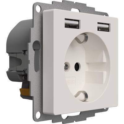 Weiße Steckdose mit zwei USB-Anschlüssen oben, geeignet zur gleichzeitigen Stromversorgung und USB-Ladung.