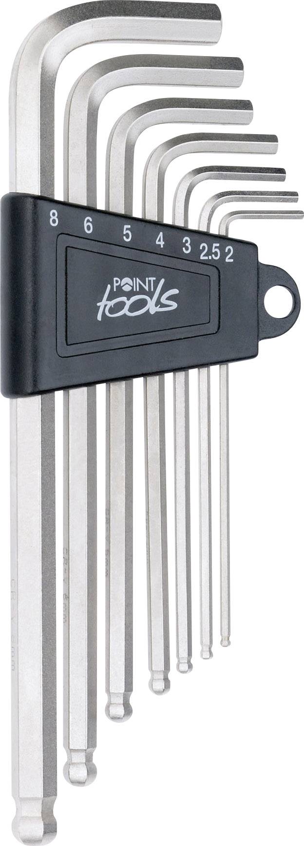 Ein Set von neun Inbusschlüsseln in verschiedenen Größen; jeder Schlüssel ist in einem schwarzen Halter mit Größenmarkierungen befestigt.