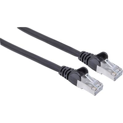 Schwarzes Ethernet-Kabel mit RJ45-Steckern an beiden Enden, geeignet für Netzwerkverbindungen und Datenübertragungen.