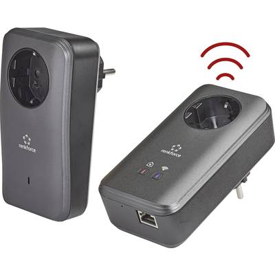Zwei Powerline-Adapter, einer stehend, einer liegend. Der liegende Adapter zeigt Ethernet-Port und WLAN-Symbol.