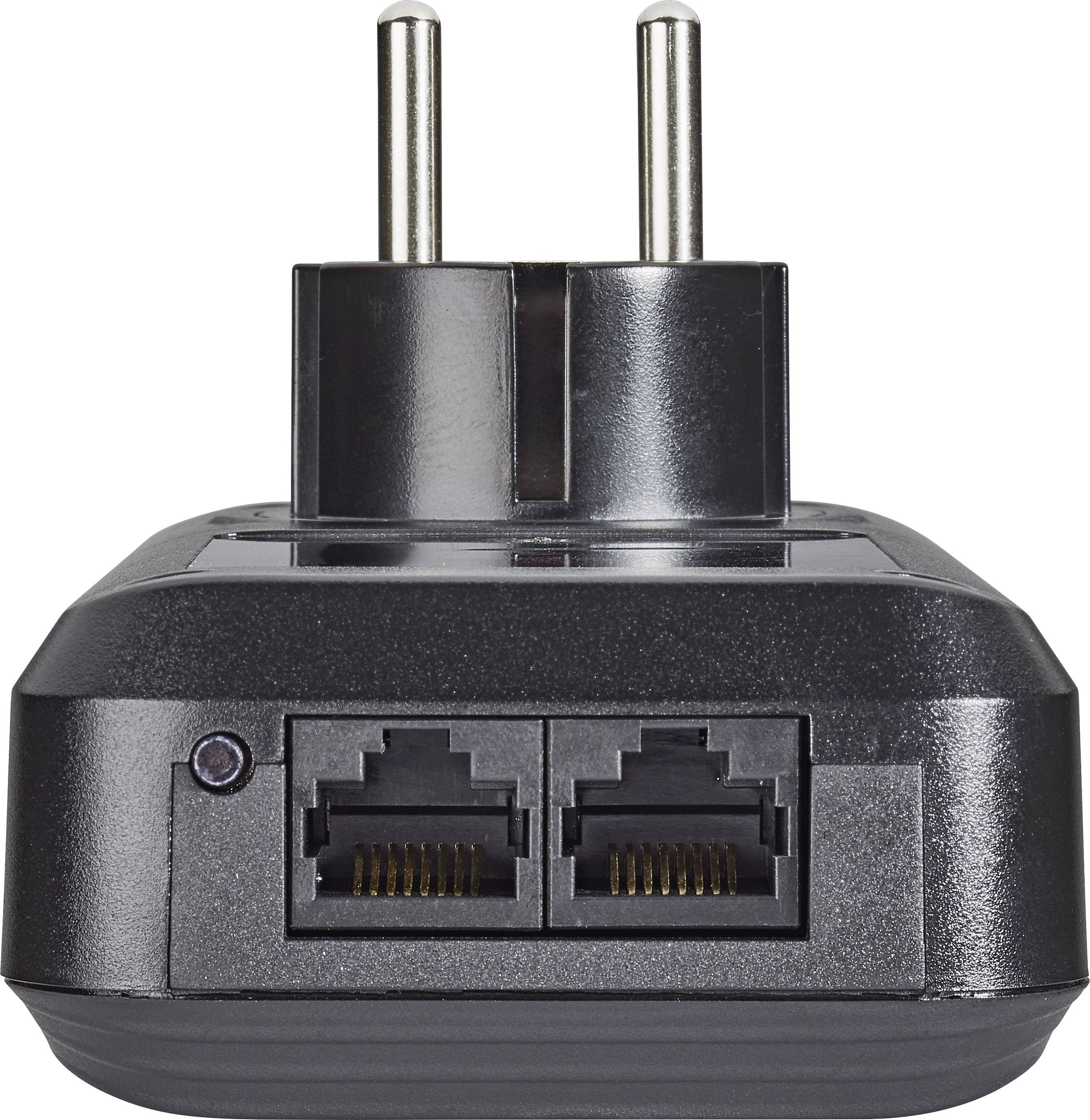 Ein schwarzer Adapterstecker mit zwei Ethernet-Anschlüssen und einem europäischen Stecker. Ideal für Netzwerkverbindungen.