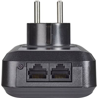 Ein schwarzer Adapterstecker mit zwei Ethernet-Anschlüssen und einem europäischen Stecker. Ideal für Netzwerkverbindungen.