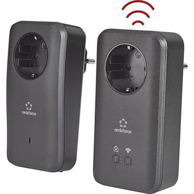 Zwei schwarze Powerline-Adapter mit Steckdosenfunktion, rote und blaue Tasten unten. Drahtlose Signalzeichen darüber.