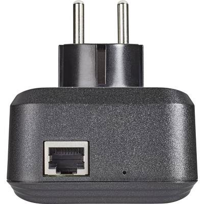 Schwarzes Steckernetzteil mit zwei runden Steckern und einem Ethernet-Anschluss auf der Vorderseite.