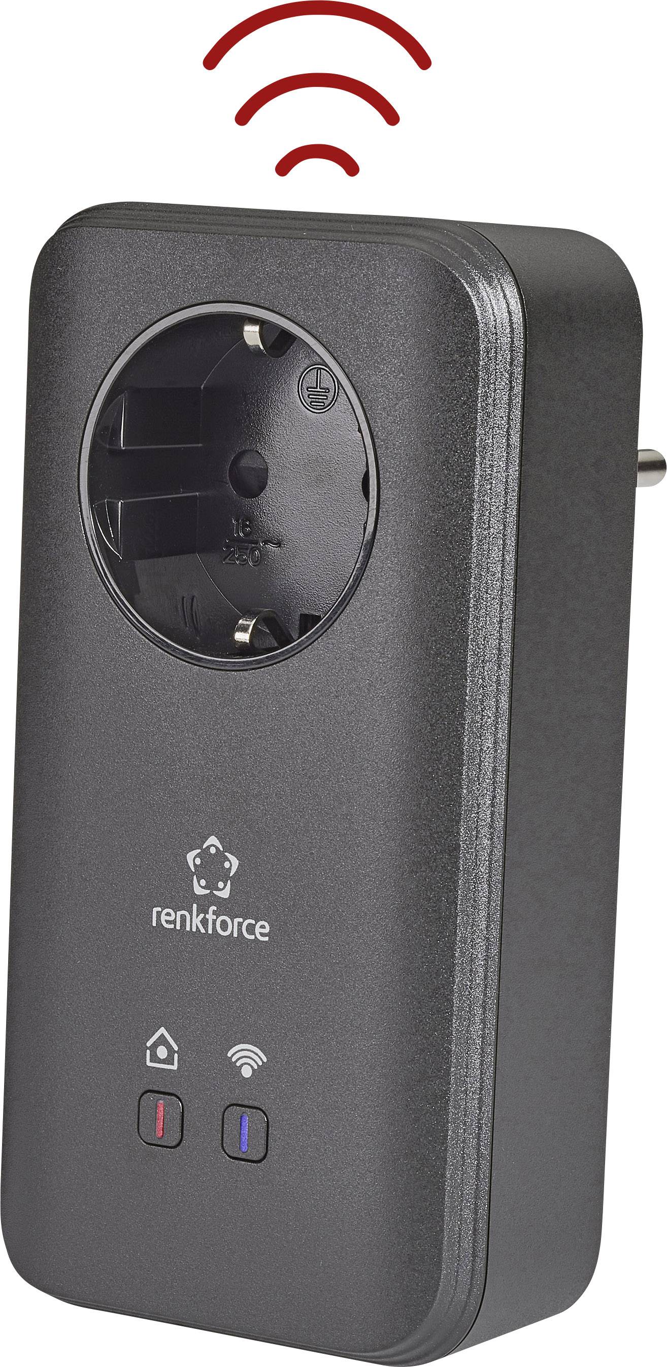 Ein schwarzer, smarter Steckdosenadapter mit WLAN-Funktion für drahtlose Kontrolle von Geräten. LED-Anzeigen und ein rotes WLAN-Symbol oben.