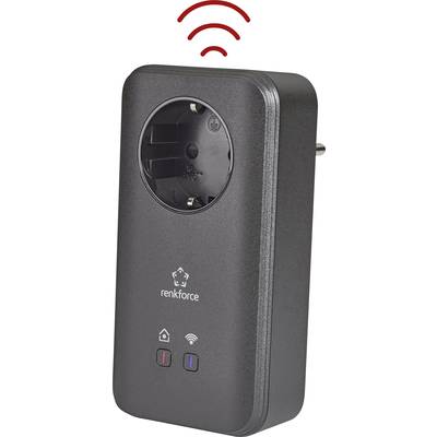 Ein schwarzer, smarter Steckdosenadapter mit WLAN-Funktion für drahtlose Kontrolle von Geräten. LED-Anzeigen und ein rotes WLAN-Symbol oben.