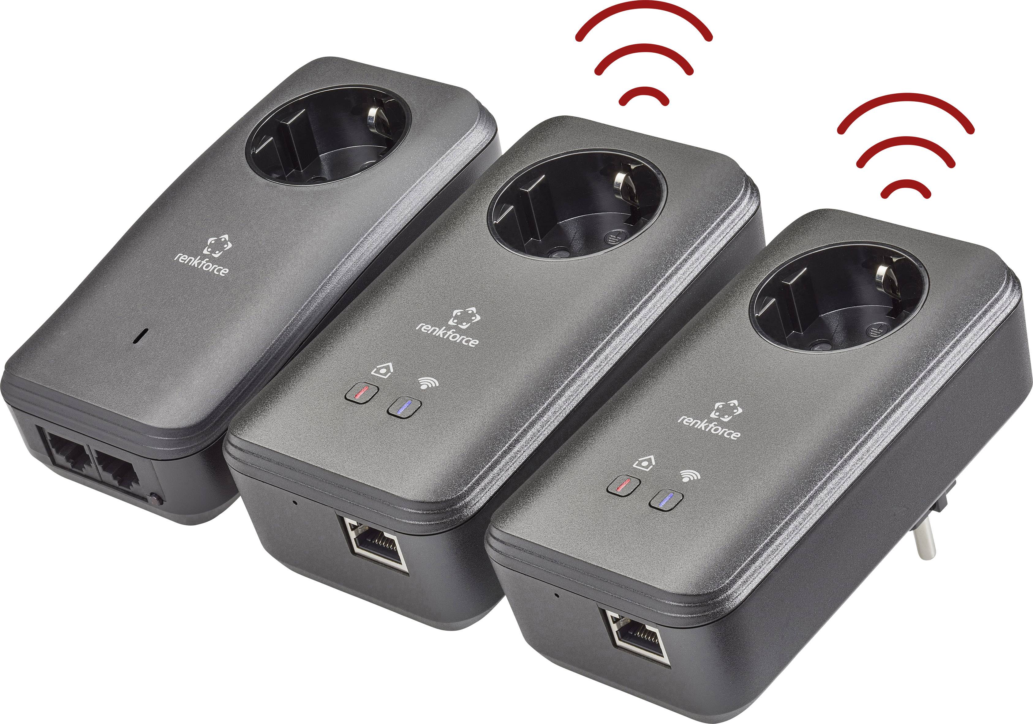 Drei schwarze Powerline-Adapter mit Steckdosen und Ethernet-Anschlüssen. Rote Funksignale symbolisieren drahtlose Konnektivität.