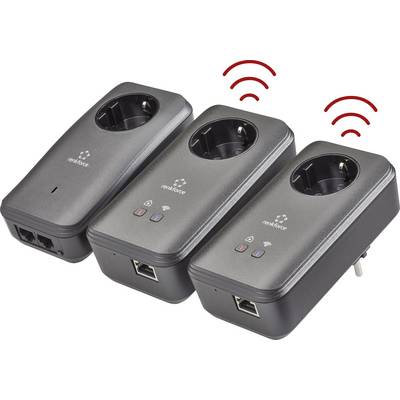 Drei schwarze Powerline-Adapter mit Steckdosen und Ethernet-Anschlüssen. Rote Funksignale symbolisieren drahtlose Konnektivität.