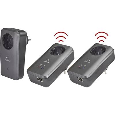 Drei schwarze Powerline-Adapter mit Netzstecker und LAN-Anschluss. Zwei Adapter haben ein Funksignal-Symbol oben. Verbinden Geräte über Stromnetz.