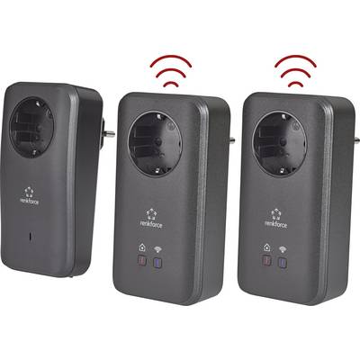 Drei schwarze Powerline-Adapter mit WLAN-Symbol und LEDs zeigen Konnektivität. Markenname 'renkforce' auf jedem Gerät sichtbar.