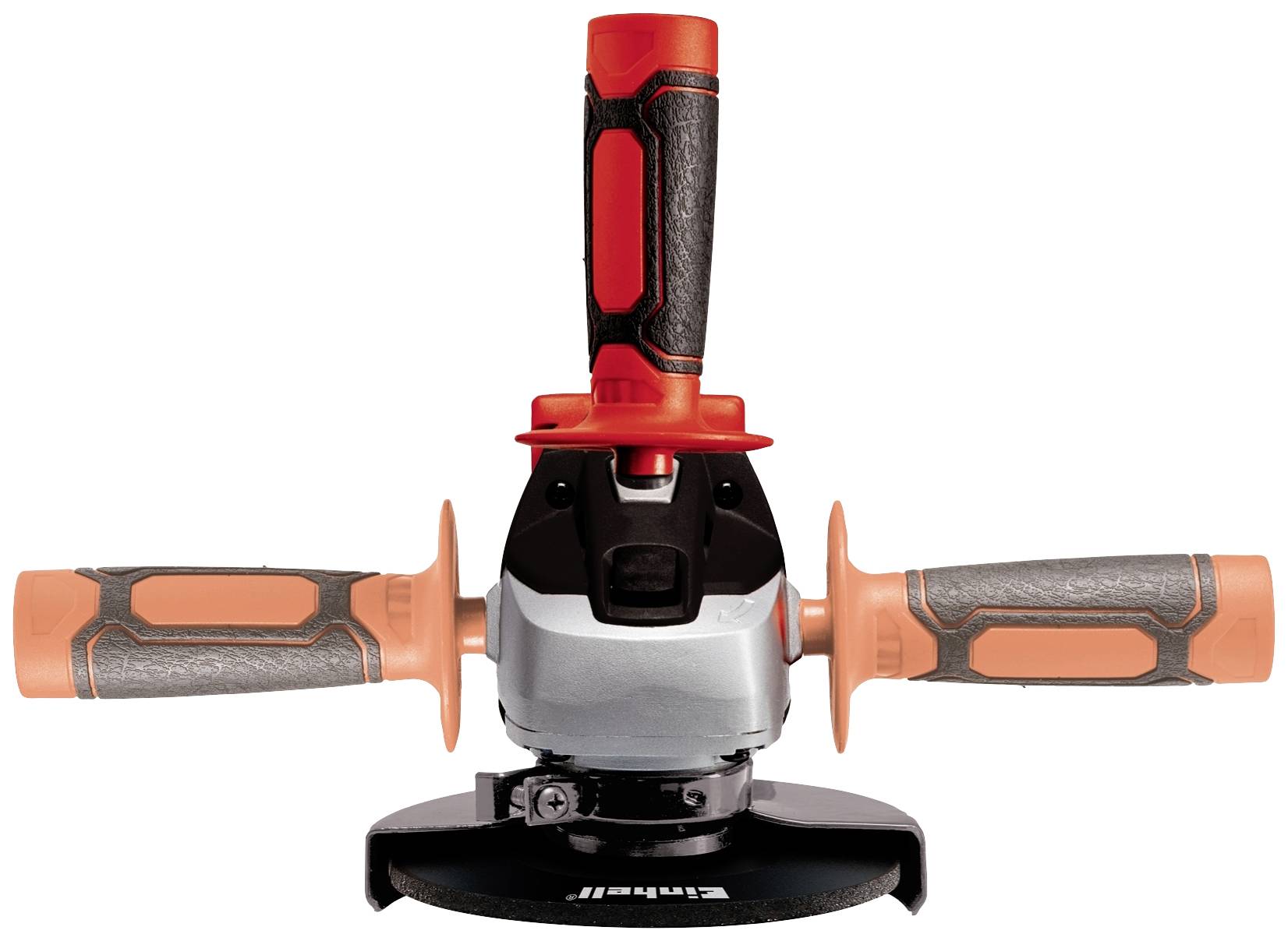 Eine elektrische Handpoliermaschine mit zwei orangefarbenen Griffen und einer schwarzen Scheibe. Geeignet für glatte Oberflächenbearbeitung.