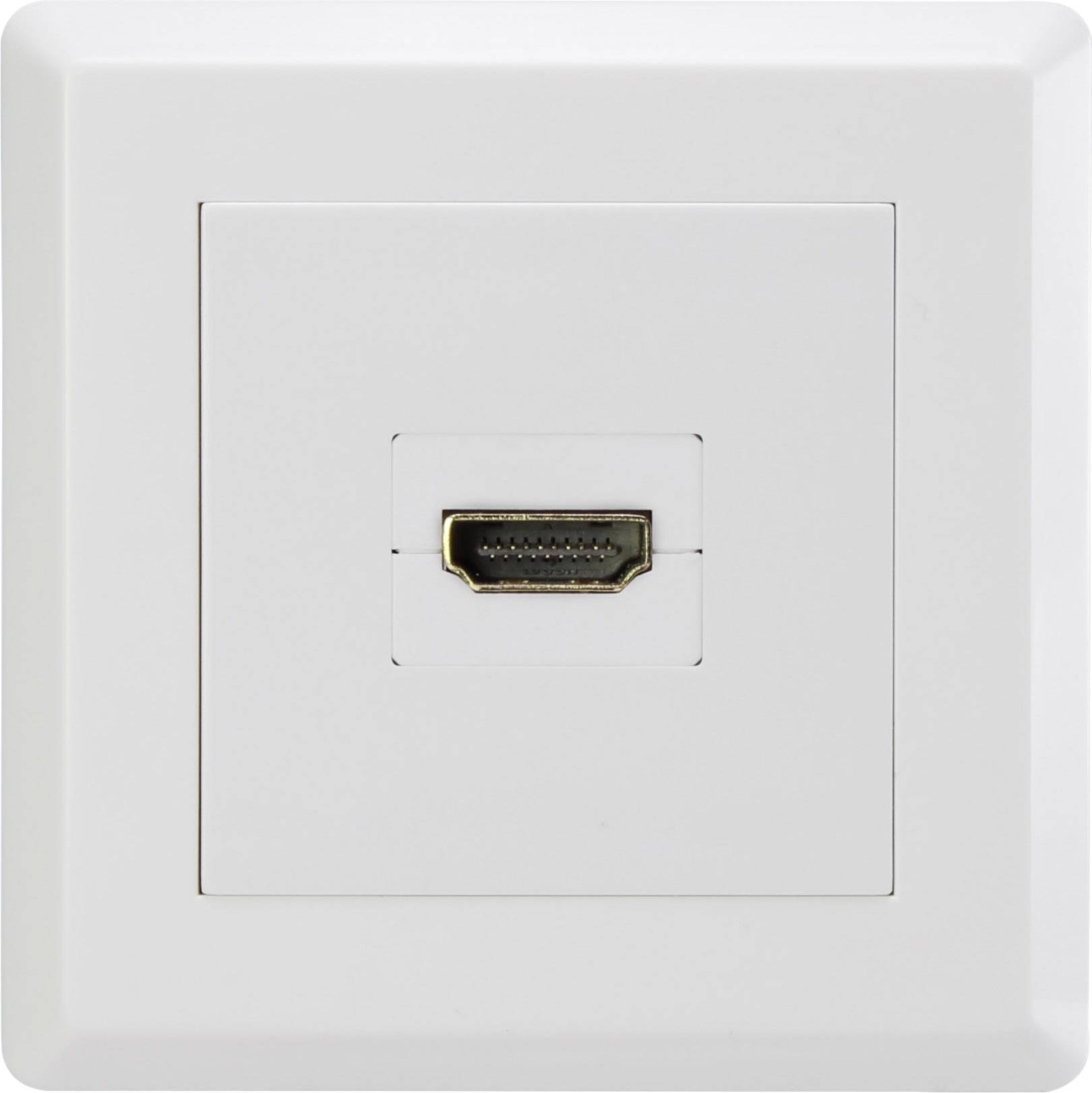 Weiße Wandsteckdose mit HDMI-Anschluss in der Mitte.