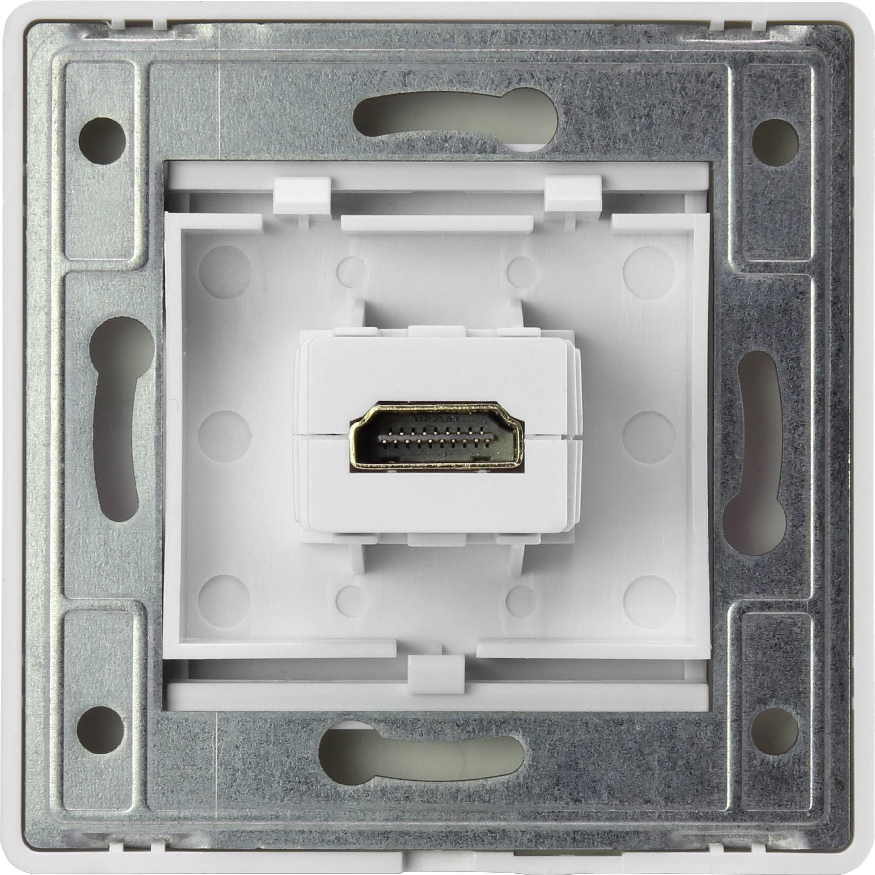 Einbau-HDMI-Buchse in quadratischer Halterung, vorgefertigt zur Installation in einer Wandsteckdose.