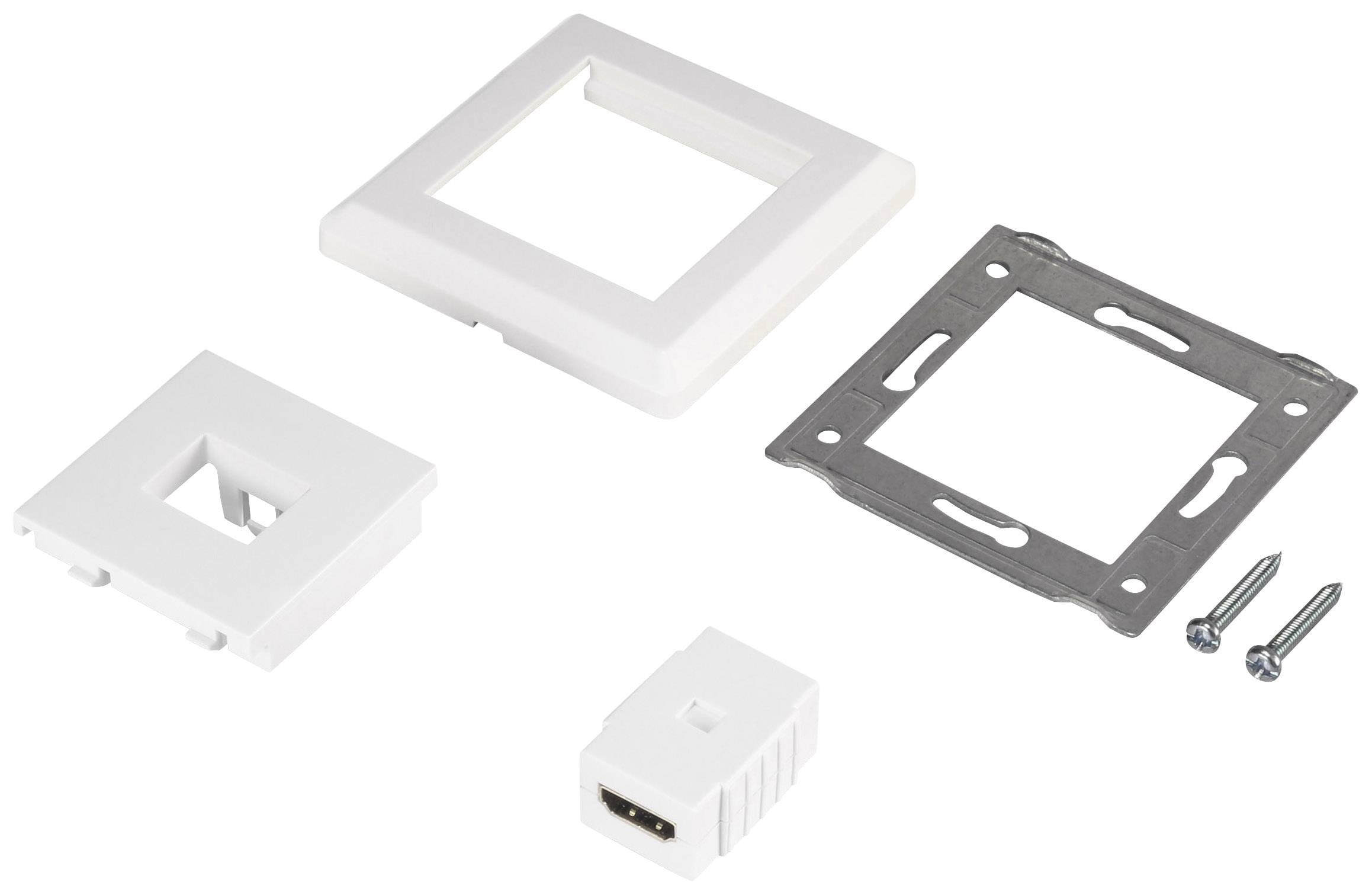 Vier Komponenten eines Montagesets: weißer Rahmen, Platte mit rechteckiger Öffnung, Metallhalterung, Adapter und zwei Schrauben.