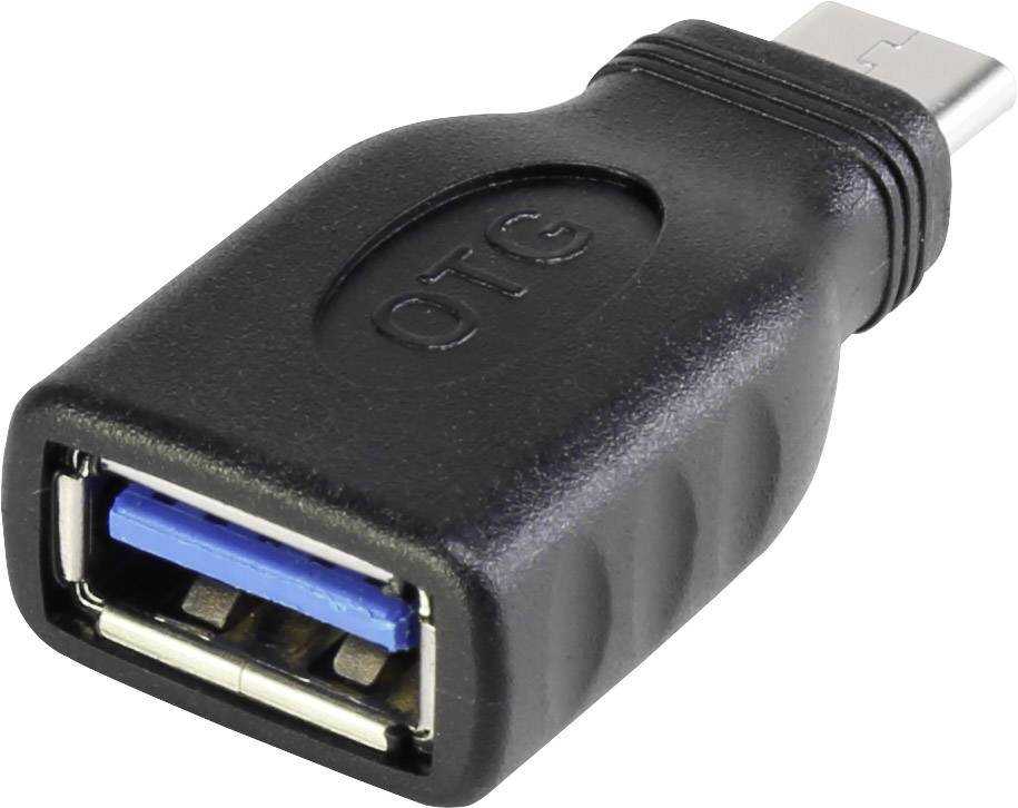 'Ein schwarzer Adapter mit USB-C- auf USB-A-Anschluss, gekennzeichnet mit "OTG", zur Verbindung von Geräten mit unterschiedlichen USB-Typen.'