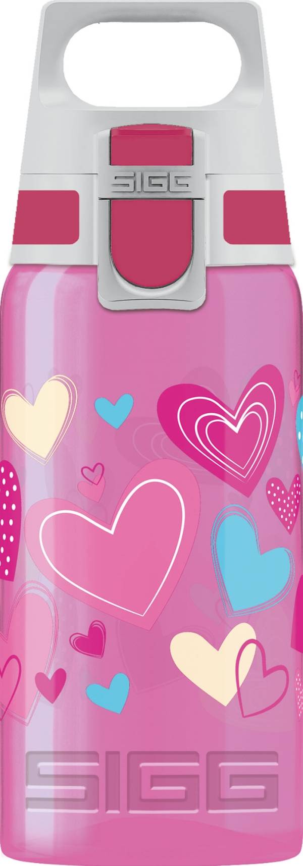 Rosa Trinkflasche mit bunten Herzmotiven in verschiedenen Größen und Farben, Griff oben. Markenname 'SIGG' am Boden eingraviert.