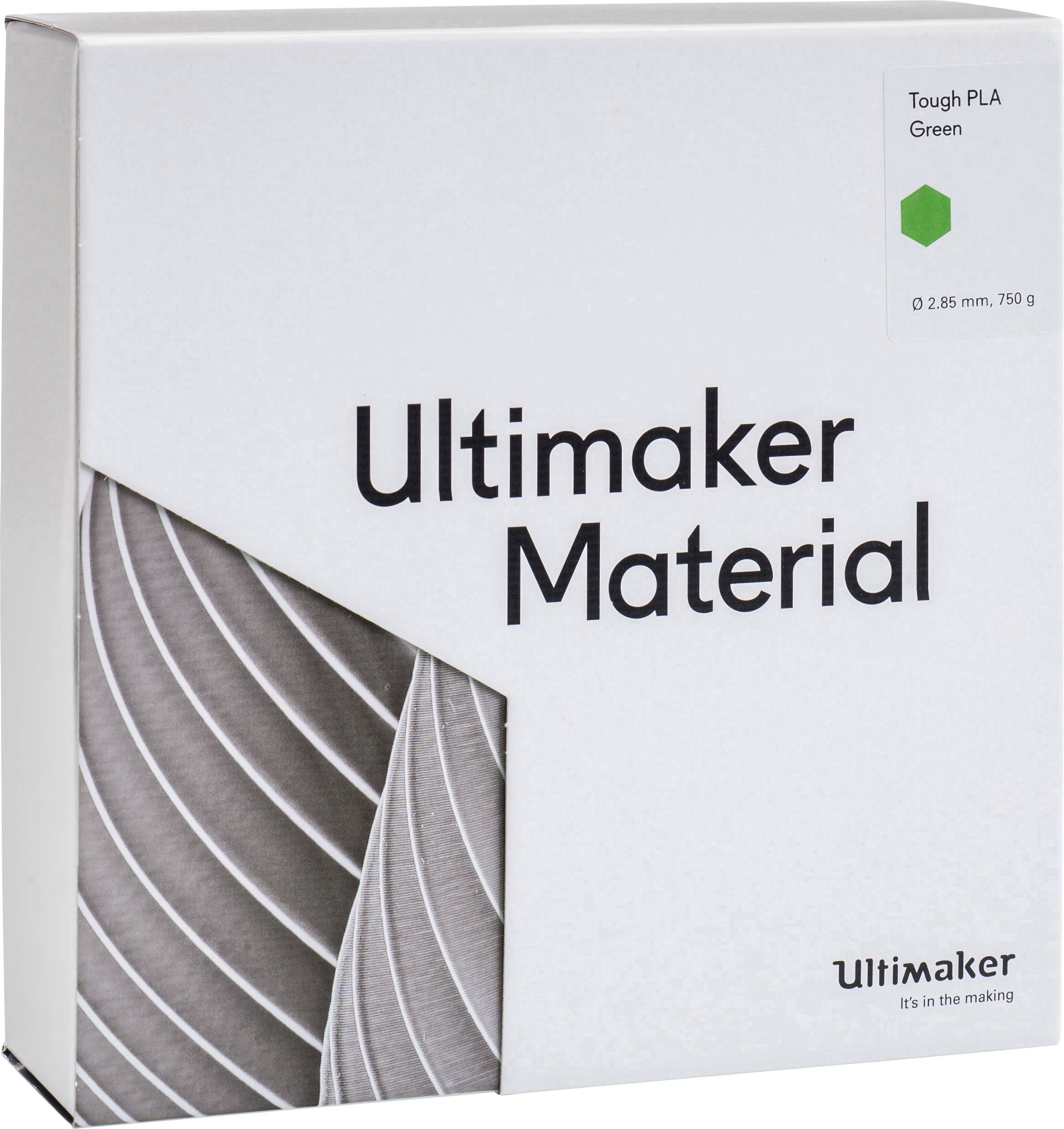 Verpackung einer Ultimaker 'Tough PLA' Rolle in Grün, 2,85 mm Durchmesser, 750 g. Text: 'Ultimaker Material'.
