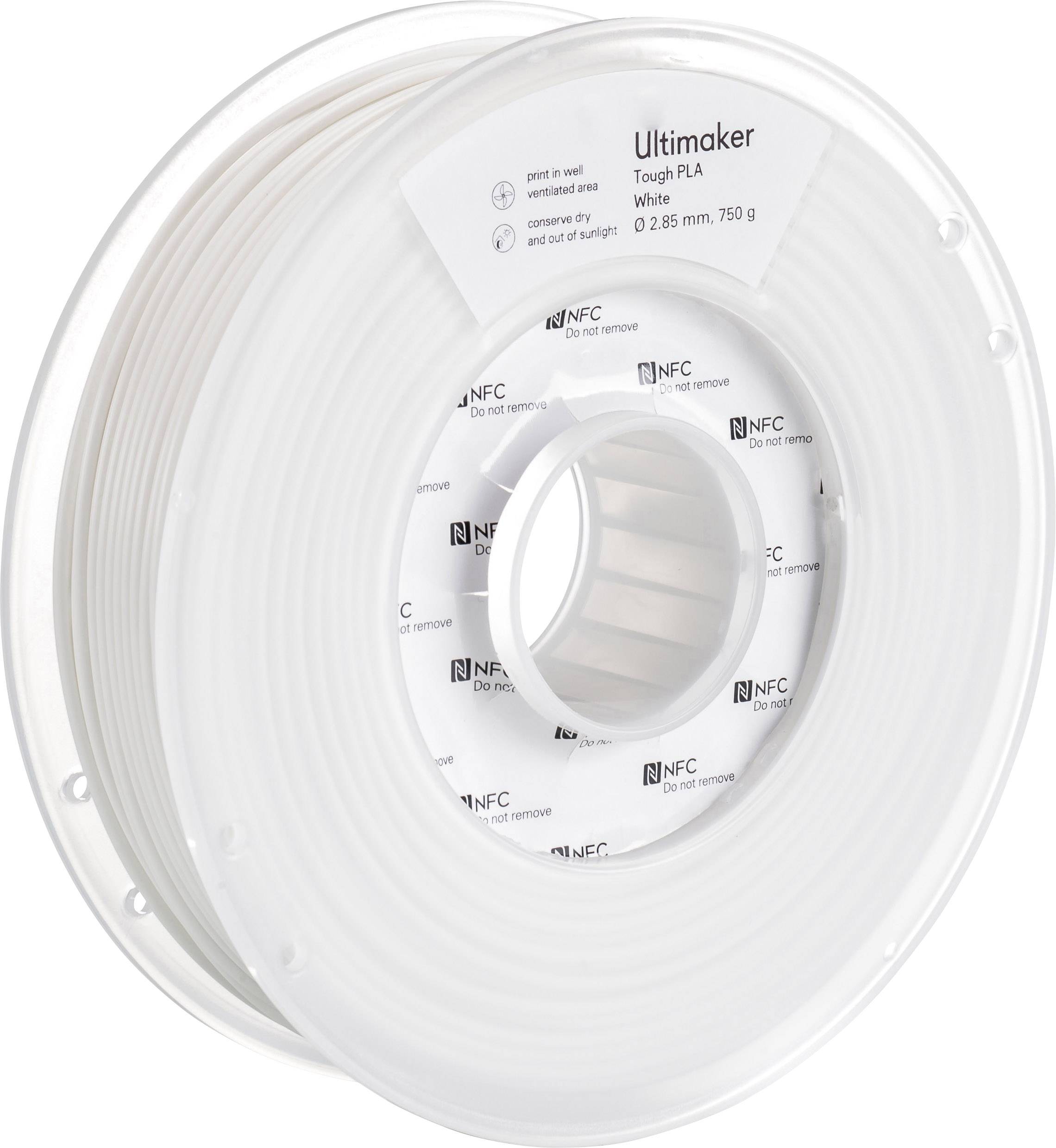 Eine weiße Spule von Ultimaker mit Tough PLA Filament, 2,85 mm Durchmesser, 750 g. Geeignet für den 3D-Druck; NFC-Etikett sichtbar.