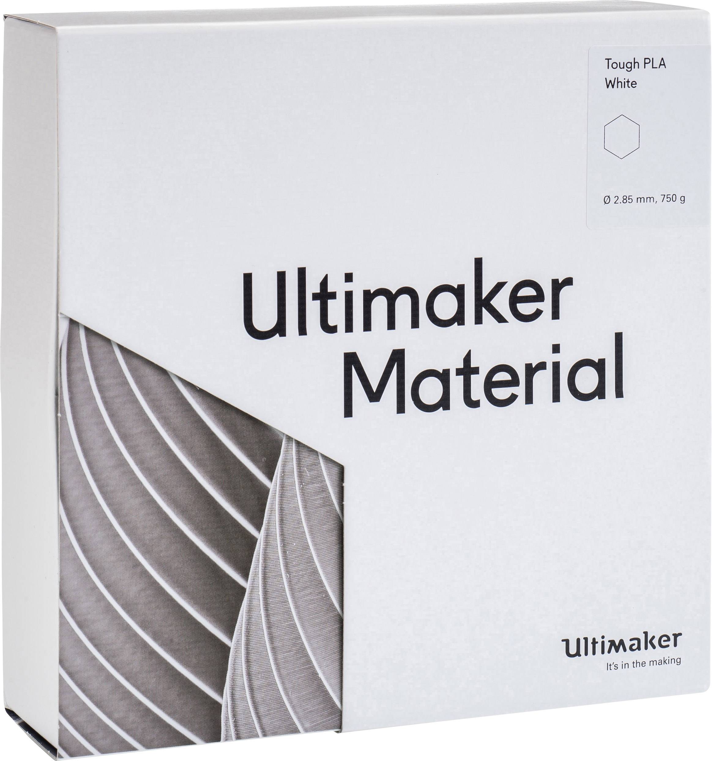 'Ultimaker Material'-Verpackung für Tough PLA Filament in Weiß, 2,85 mm, 750 g. Verpackungsdesign mit hexagonalen Mustern.