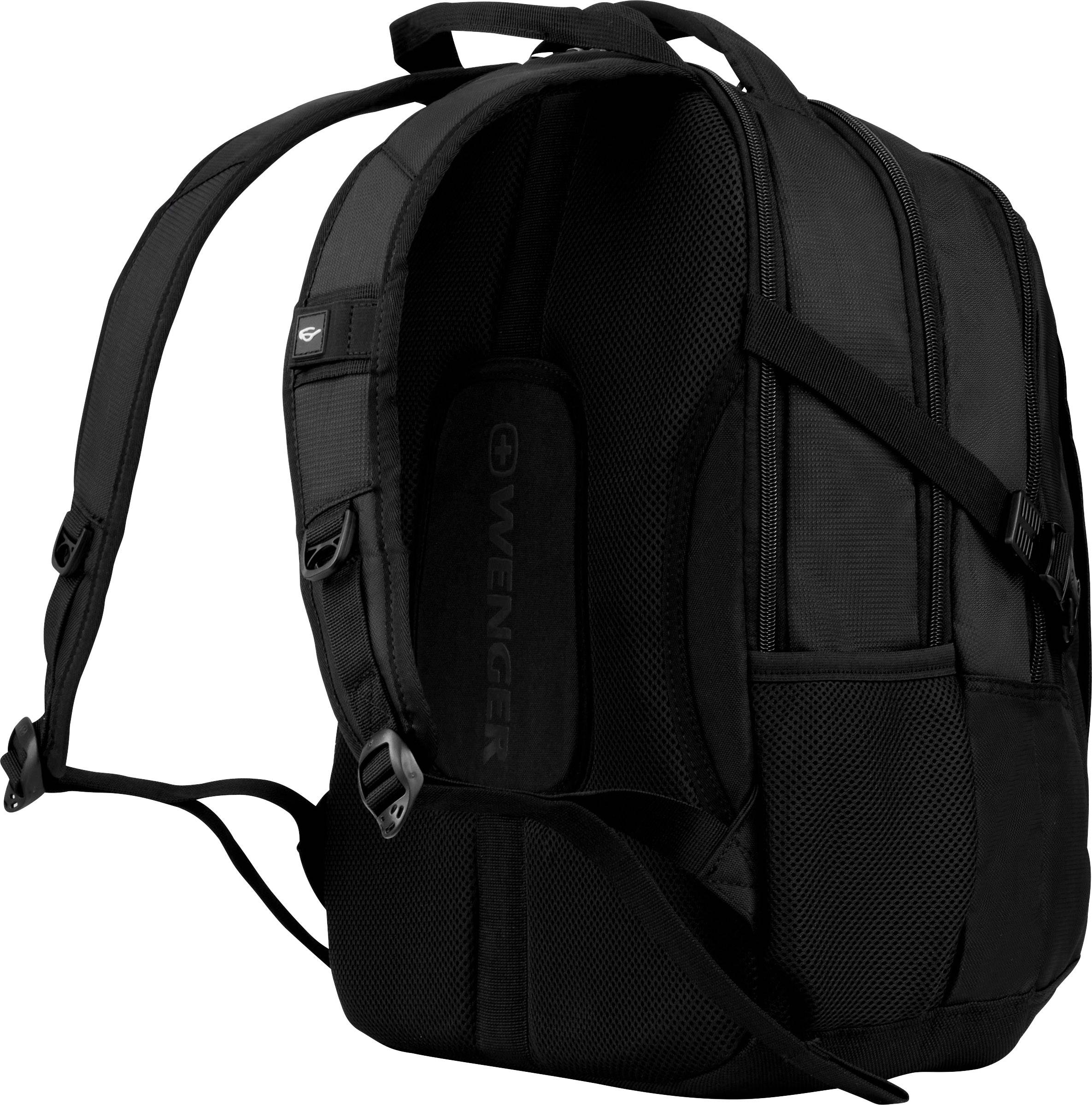 Schwarzer Rucksack mit mehreren Fächern, Markenlogo an der Seite, gepolsterte Träger und Rückenfläche, geeignet für Alltag oder Reisen.