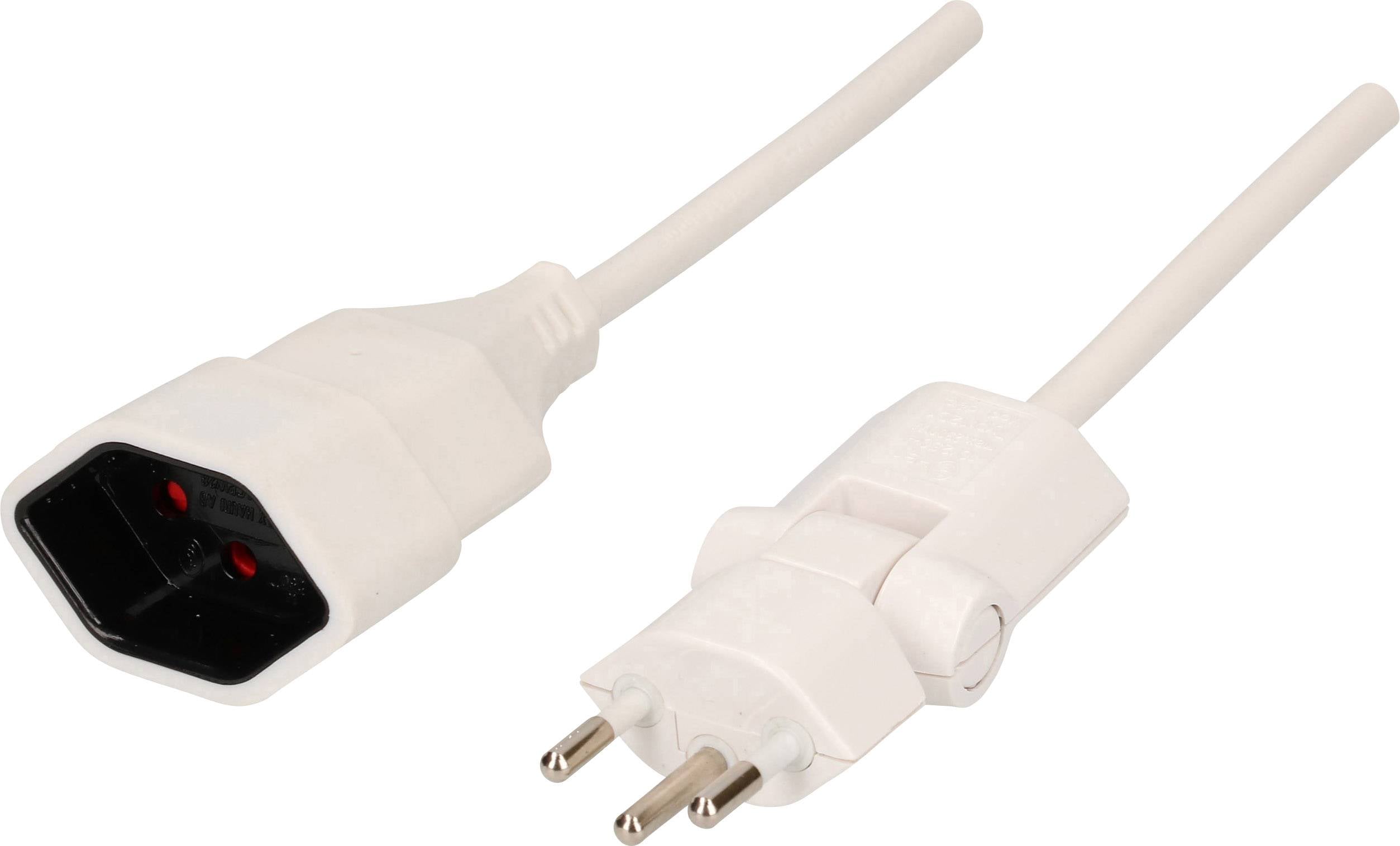 Ein weißes Netzkabel mit zwei Steckern: links ein C13-Anschluss und rechts ein europäischer Schuko-Stecker.