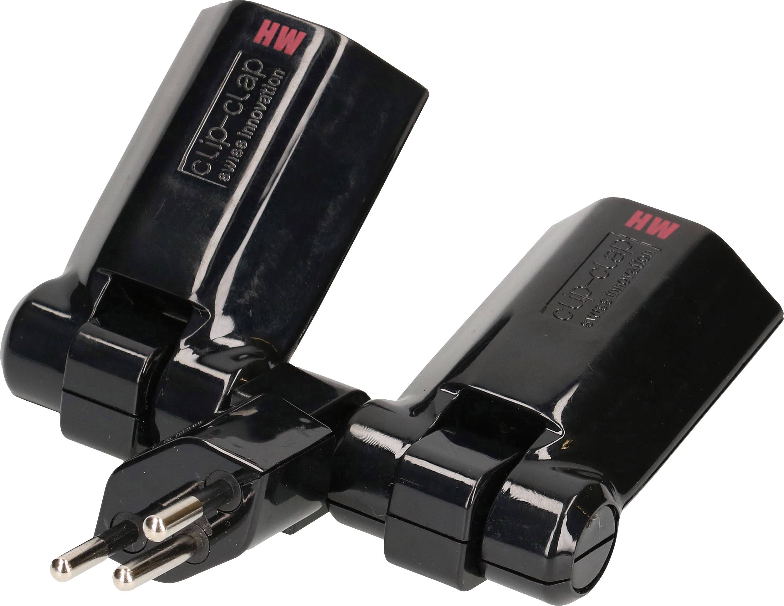 Schwarzer doppelter Adapterstecker mit roten 'HW'-Markierungen, geeignet für europäische Steckdosen.