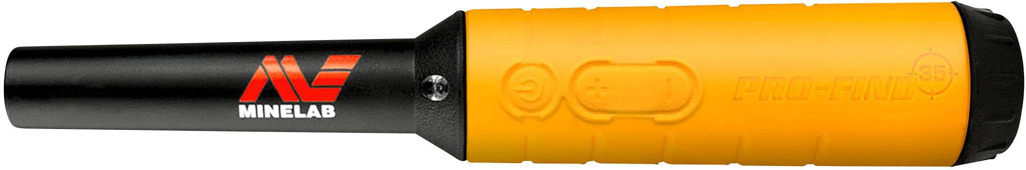 Handheld Metalldetektor mit schwarzem Griff und orangefarbenem Gehäuse; Markenlogo 'Minelab' aufgedruckt.