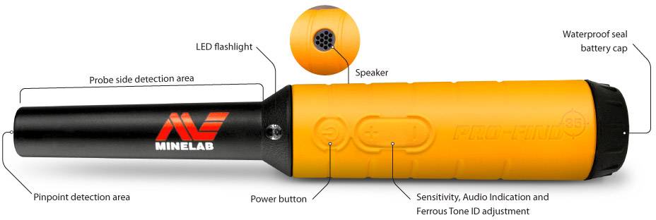 Handgerät zur Metallsuche mit schwarzem Detektionsbereich und orangefarbenem Griff. Enthält LED-Lampe, Lautsprecher, Power-Taste.