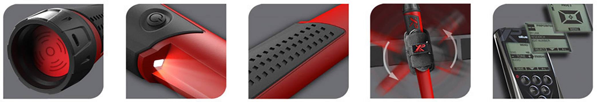 Nahaufnahmen eines roten Fahrrads mit blinkendem Licht, griffigem Lenker, verstellbarem Sattel und digitalem Display für Einstellungen.