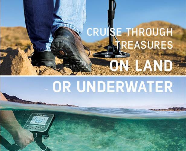 Person mit Metalldetektor in einer Wüstenlandschaft und unter Wasser. Text: 'Cruise through treasures on land or underwater'.