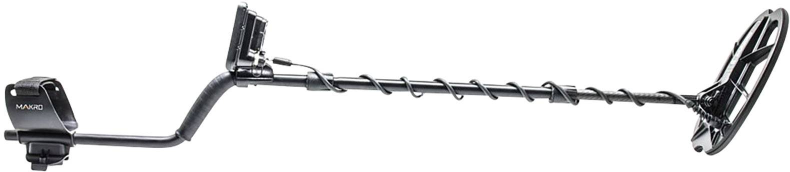 Ein Metalldetektor mit einem langen, gewundenen Schaft und einer Suchspule am Ende, geeignet für die Suche nach verborgenen Metallobjekten.