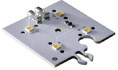 Eine weiße Leiterplatte mit mehreren kleinen, quadratischen, orangefarbenen LED-Leuchten und silbernen Anschlüssen.