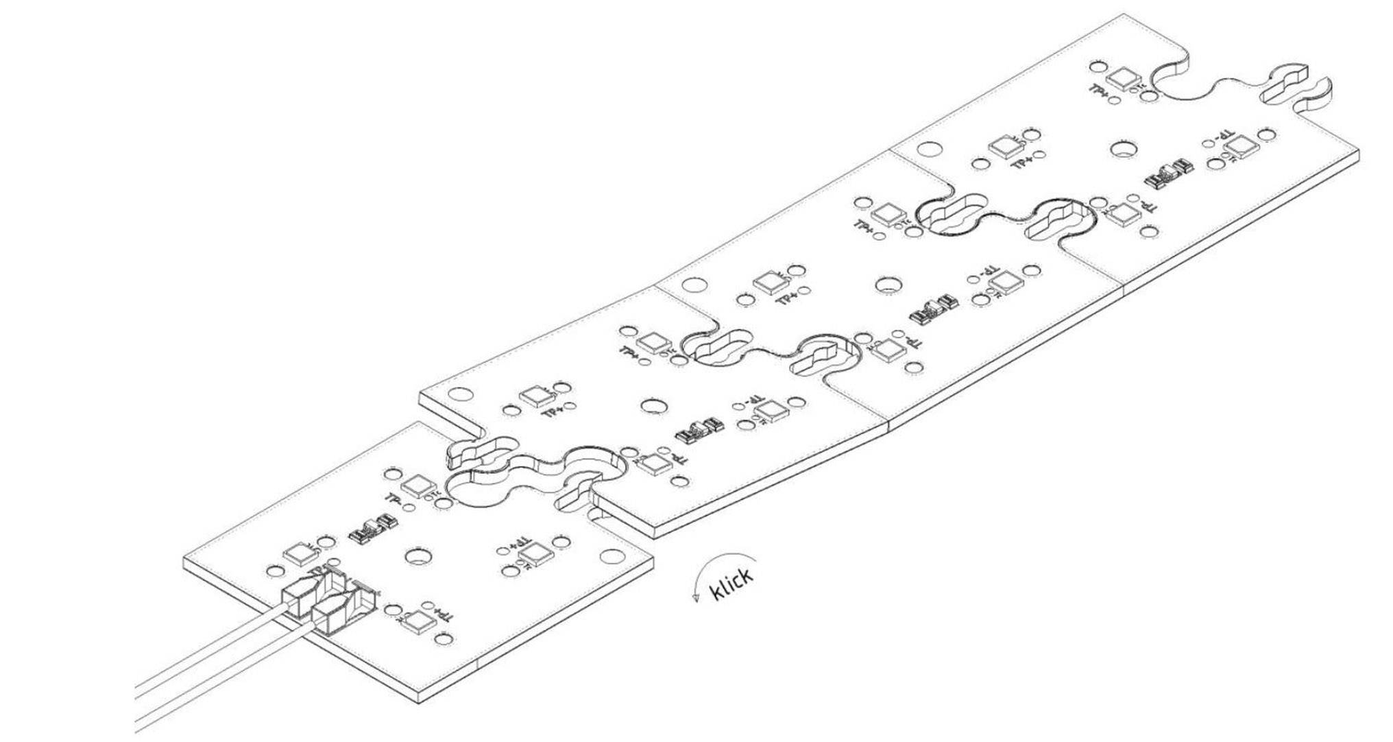 Technische Zeichnung von vier in Serie geschalteten elektronischen PCB-Platinen mit Steckverbindungen.