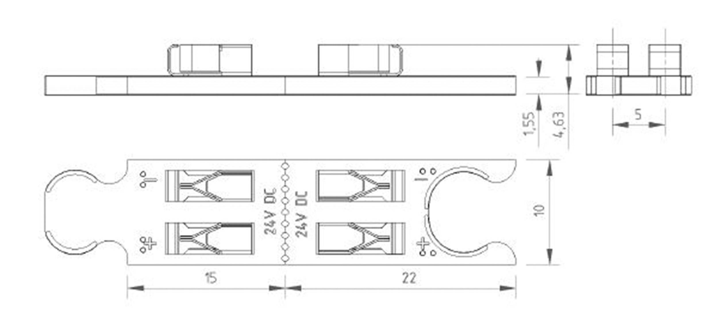 Technische Zeichnung eines elektronischen Bauteils mit Maßen. Zeigt Ansichten von oben und der Seite. Maße sind in mm angegeben.