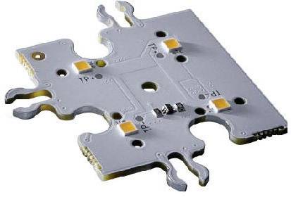 'Metallische Leiterplatte mit mehreren integrierten LED-Elementen und Anschlusspunkten, die für elektronische Anwendungen verwendet wird.'