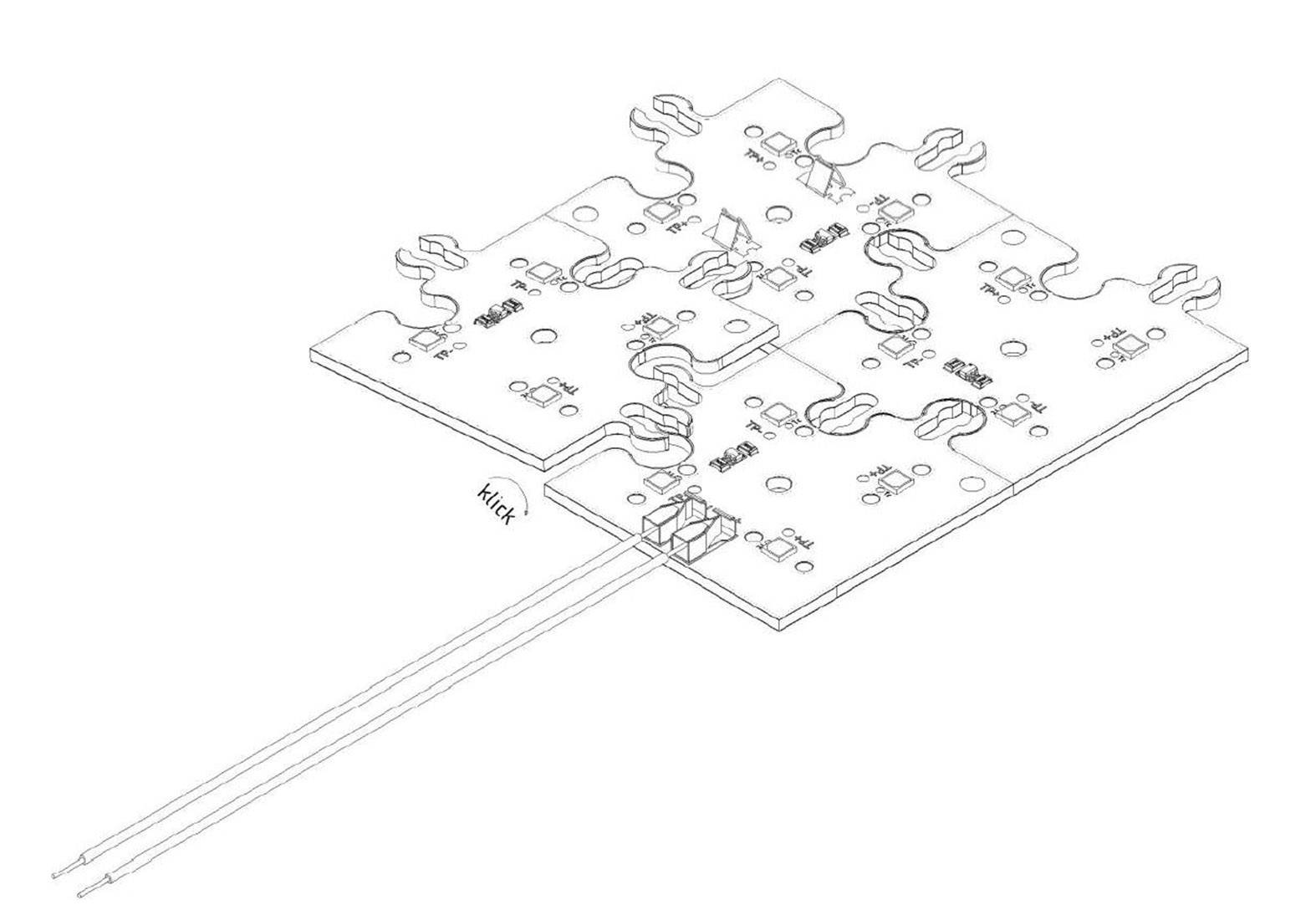 Zeichnung einer elektrischen Schaltung: mehrere Leiterbahnen und Bauteile sind auf einer Platine angeordnet, mit Markierung 'HAL'.