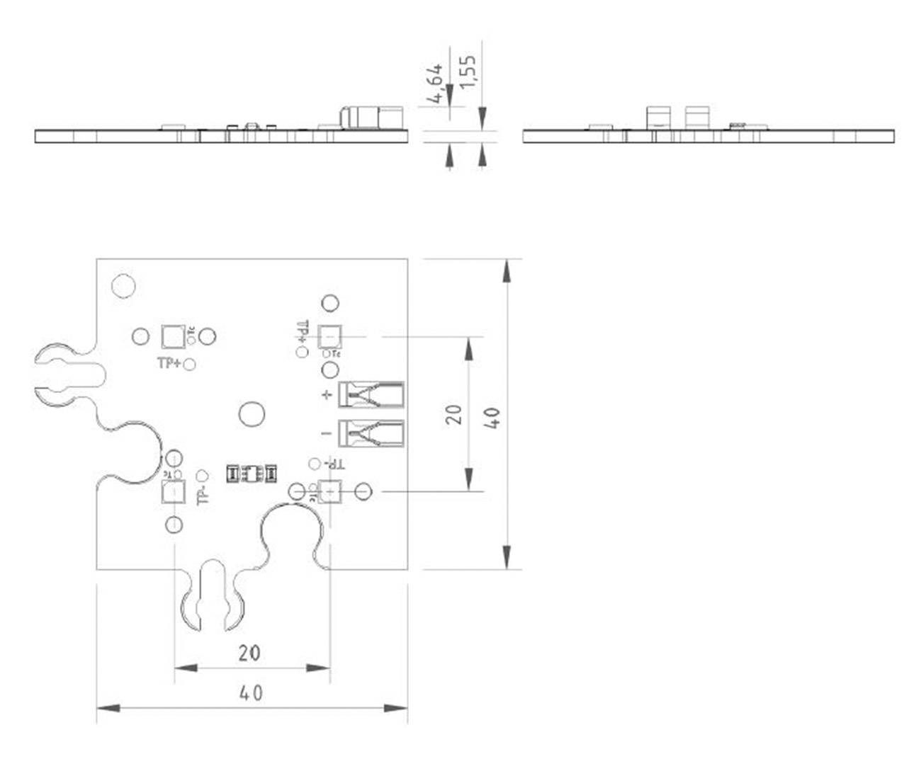 Technische Zeichnung einer elektrischen Leiterplatte mit Abmessungen: 40 mm x 40 mm x 1,55 mm. Komponenten und Verbindungen sind verzeichnet.