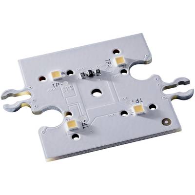 Weiße Leiterplatte mit mehreren kleinen elektronischen Bauteilen. Die Platte hat Aussparungen und Löcher zur Befestigung.