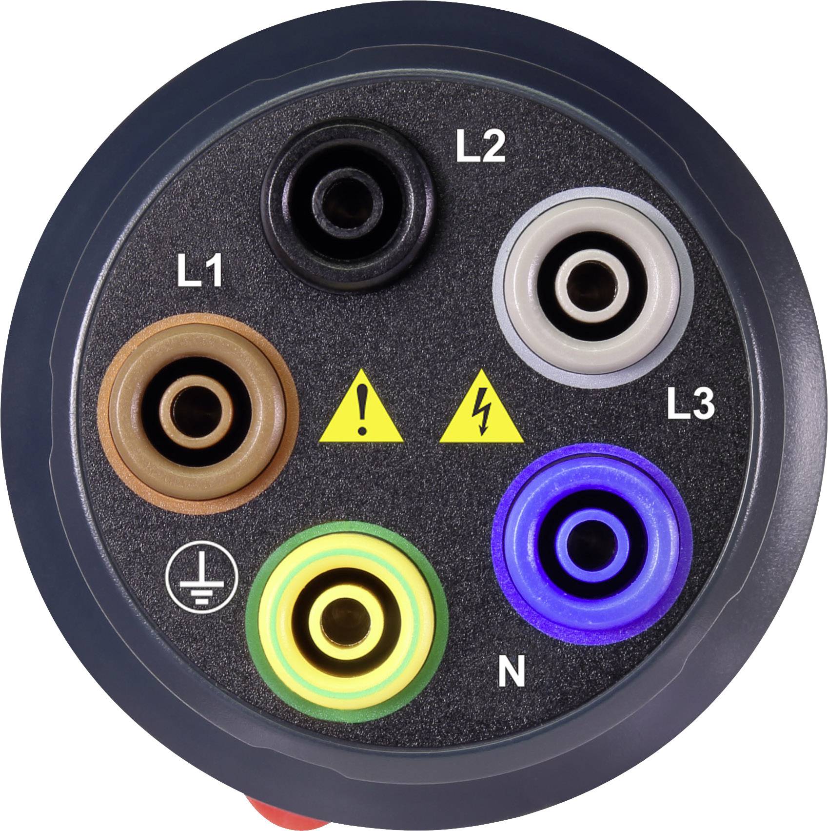 Runder Stecker mit sechs Buchsen, farbcodiert: L1 (braun), L2 (schwarz), L3 (grau), N (blau), Erdung (gelb-grün), zwei Warnsymbole.