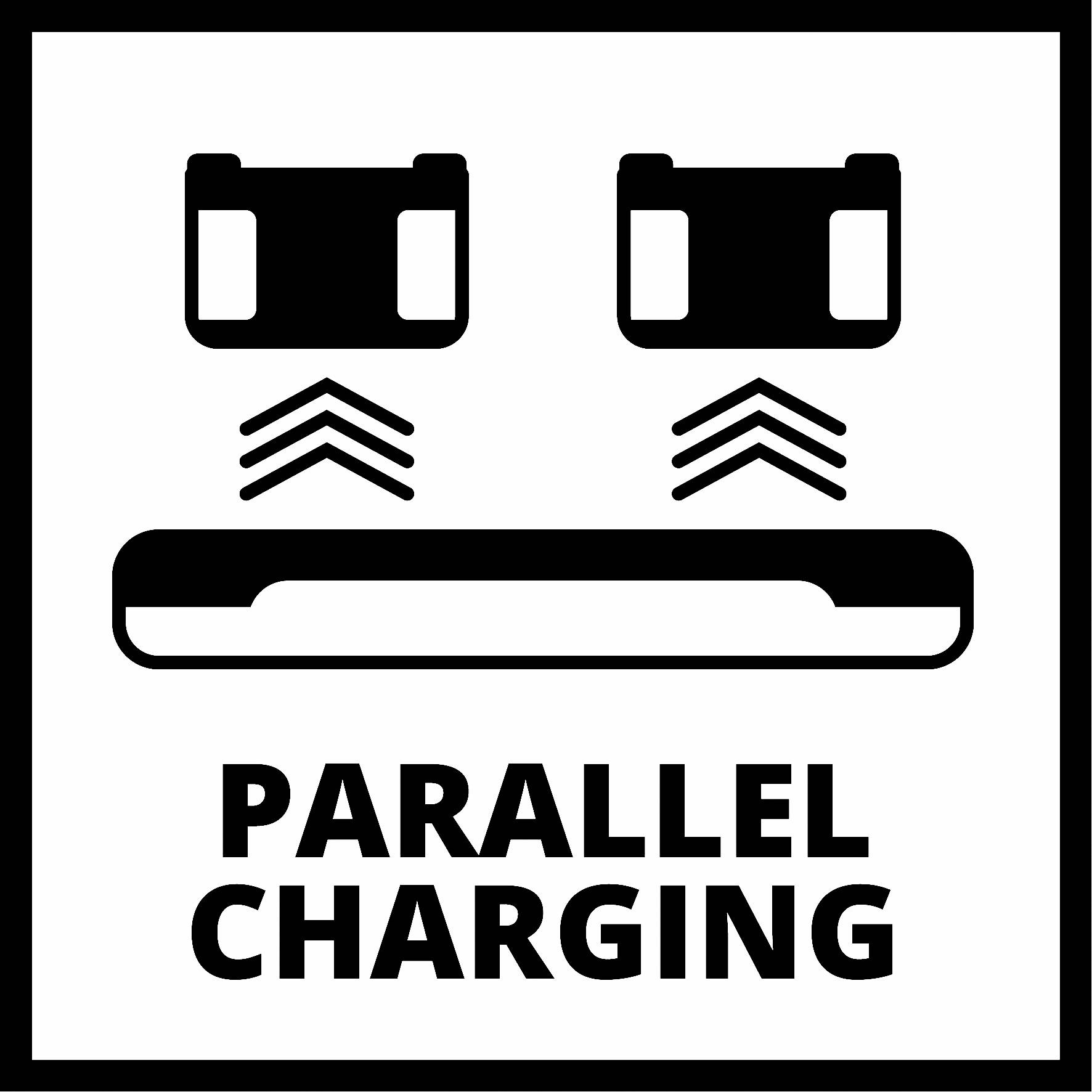 Zwei Geräte oben mit parallelen Pfeilen zum Ladegerät unten verbunden, Bildunterschrift 'PARALLEL CHARGING'.