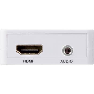 Weiße Konsole mit zwei Anschlüssen: links HDMI-Anschluss, rechts Audioanschluss.
