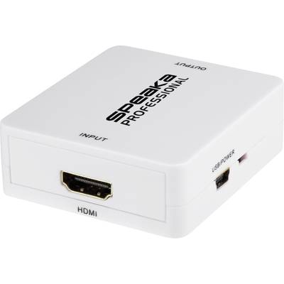 Ein weißer HDMI-Umschalter von SpeaKa Professional mit Anschlüssen für HDMI und USB-Stromversorgung, gekennzeichnet mit 'Input' und 'Output'.